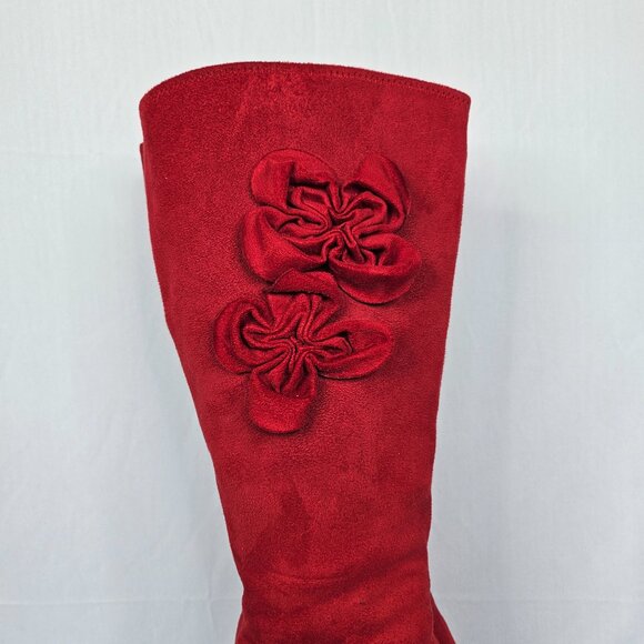 Red Velour Knee-High Women's Boots with Rose/Flower Accents, Size 6M - Picture 8 of 16